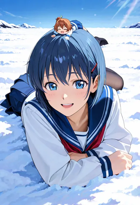 (chibi)  (prone)  (on stomach)  (full body) (Image seen from the side) (two girls) (lying face down) (Wearing a winter sailor suit, navy blue pleated skirt) (Both wear the same clothes) (The season is winter, and the blue sky without a cloud spreads out.) ...