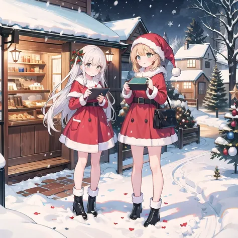 2 girls, santa dress, full body, standing, christmas, snow