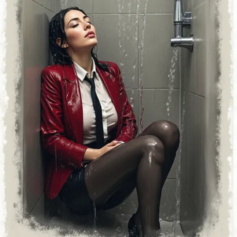 Create a sketch Woman ,  expensive business suit with cherry-red accents ,  dark tights , туфли Laboutin, sitting in the corner in the shower ,  threw her head back ,  legs bent at the knees,  wet through and through, wet hair and face,  water from the sho...