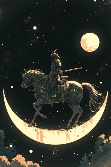 samurai, in Space, Riding on the crescent moon, crescent moon, planet, side view, collage, star, silhouette, universe background