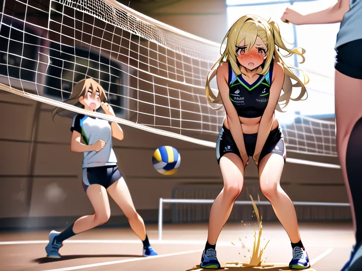  high definition 、Blond、 long hair、 Brown Eyes 、Medium breast、detailed, volleyball court, playing volleyball, sport bra,  volleyball shorts,  during volleyball game ,drawing attentions, ((desperate to pee)), full body, hands between legs, embarrassed