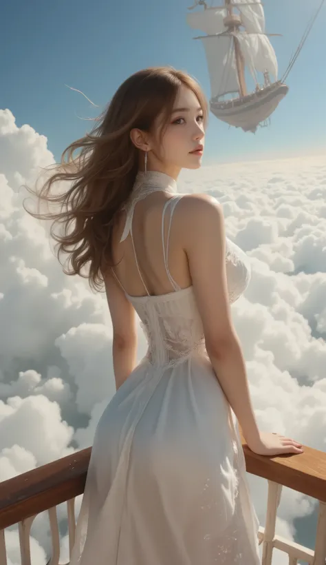  super quality、 ultra high resolution、 super high heels、 high contrast、large airship 、Fly over the sky、Airship advancing through a sea of clouds 、 panoramic view 、(Reality、 by Nomi : 1.3)、large airship のデッキで景色を眺める女性、 beautiful woman with perfect figure: 1....