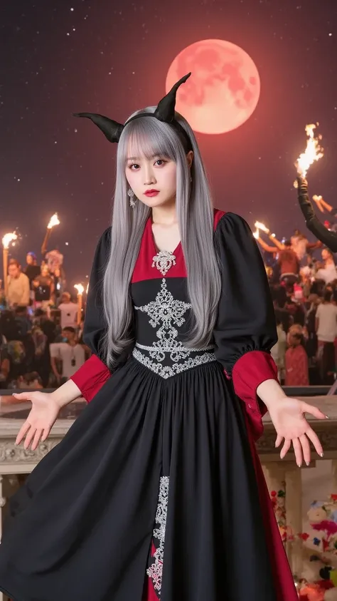 "A stunning demon princess with long, flowing silver hair and glowing red eyes, wearing an elegant black and crimson gothic dress adorned with intricate silver embroidery. She stands on the balcony of a dark castle under a blood-red moon, with her bat-like...