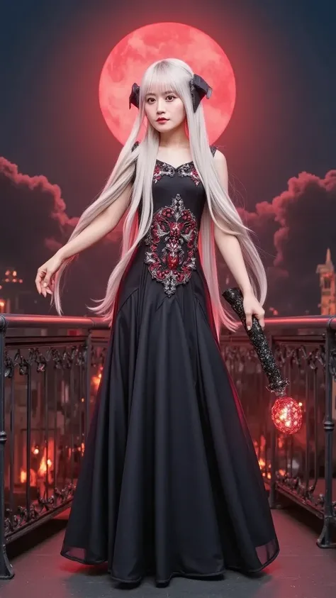 "A stunning demon princess with long, flowing silver hair and glowing red eyes, wearing an elegant black and crimson gothic dress adorned with intricate silver embroidery. She stands on the balcony of a dark castle under a blood-red moon, with her bat-like...