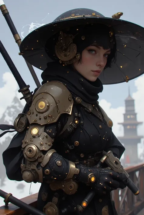 A skilled female ninja stands on the deck of a flying mechanical ship, her black Japanese straw hat casting a shadow over her calm, focused expression. Her right arm is a slender steampunk mechanical creation, adorned with intricate brass gears, pipes, and...