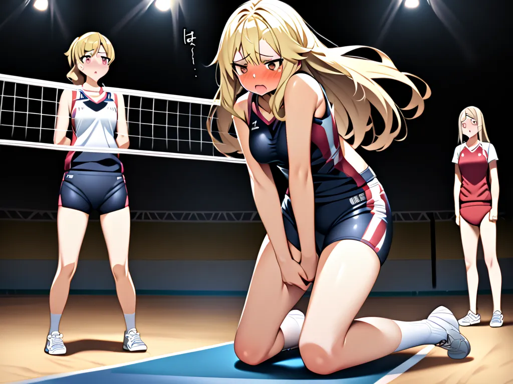  high definition 、Blond、 long hair、 Brown Eyes 、Medium breast、detailed, volleyball court, playing volleyball, sport bra,  volleyball shorts,  during volleyball game ,drawing attentions, ((desperate to pee)), full body, hands between legs, embarrassed