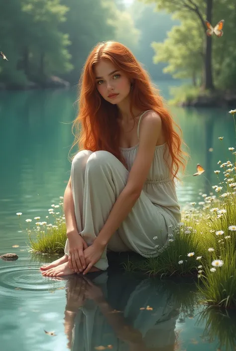 Long hair girl with hazel eyes, sitting beside a lake