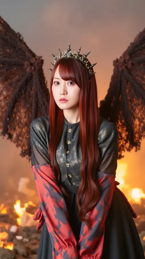 "A fierce and powerful demon princess with long, fiery red hair and sharp golden eyes, standing in the center of a burning battlefield. She wears dark armor with flame-like patterns, a flowing crimson cape, and a black crown with jagged spikes. Her dragon-...