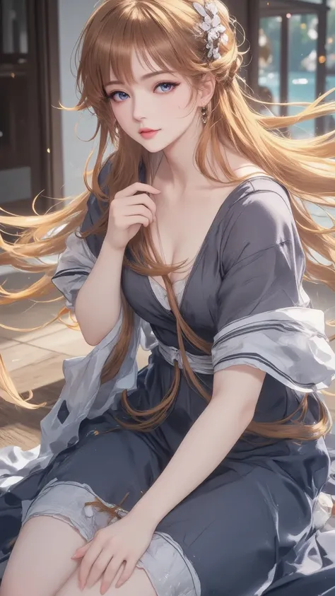 seaside，Wooden villa ， sitting on a wooden board with one hand clasping his legs， Wearing Ancient Blue Silk Sexy Clothing， White Floral Stripe Design ， Waist Ribbon , Chest, long orange hair,Flowing in the wind， delicate cheeks ，Ancient Chinese Woman ，