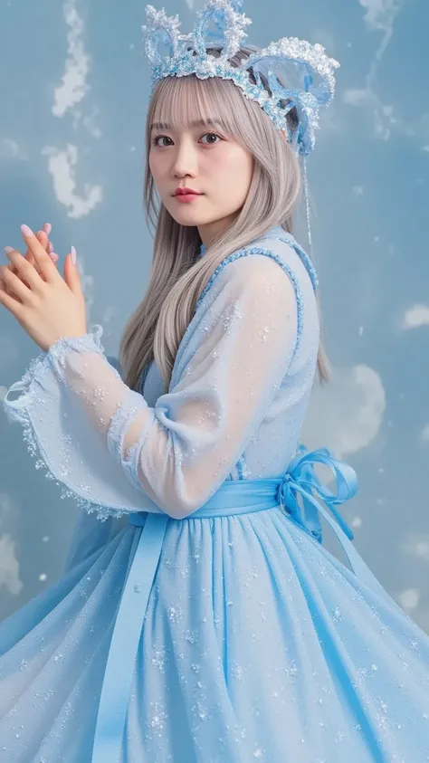 "A beautiful ice demon princess with pale blue skin, long icy white hair, and piercing sapphire eyes. She wears a shimmering silver and blue gown decorated with intricate frost patterns. Her translucent, ice-like horns glow under the moonlight, and she sit...