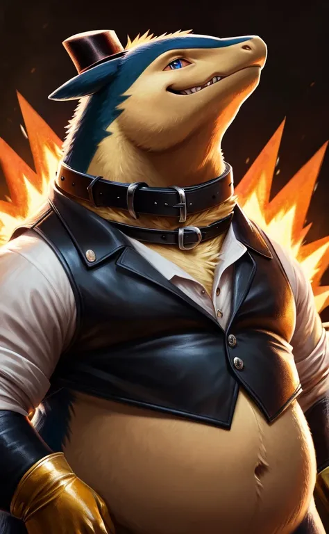 Solo, Male, close up, fat, musclegut, obese, 1920s gentleman, dapper Typhlosion, tilting head down, blue eyes, wearing a big leather collar around his neck, (soft shading), 4k, hi res, ((detailed face, detailed)), looking at viewer, evil grin, collared shi...