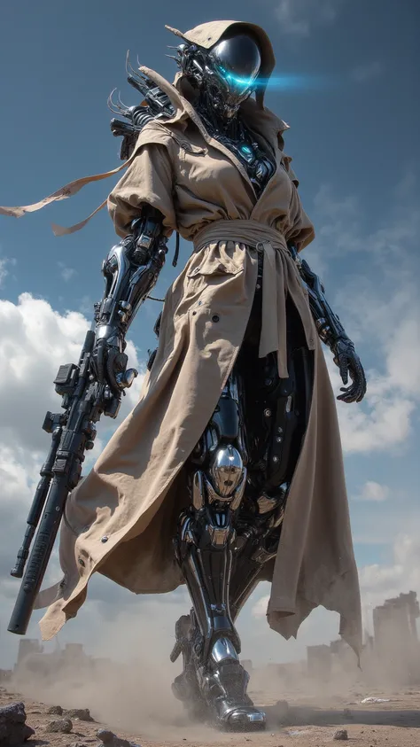  A futuristic female e-gunner ， Wearing a long brown windbreaker ， holding a heavy left hand pistol ， standing in a dusty sky 。 His body fused with metal Subjects and Synthetic Components， eyes shining blue ，Fine mechanical detail 。The scene is vibrant ， D...