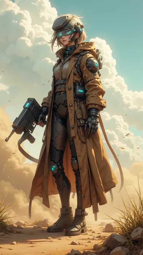  A futuristic female e-gunner ， Wearing a long brown windbreaker ， holding a heavy left hand pistol ， standing in a dusty sky 。 His body fused with metal Subjects and Synthetic Components， eyes shining blue ，Fine mechanical detail 。The scene is vibrant ， D...