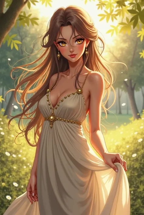 Anime Beautiful Nymph, with Greek clothes, brown hair and eyes golden as the sun, with medium-large breasts  ,With elf ears 