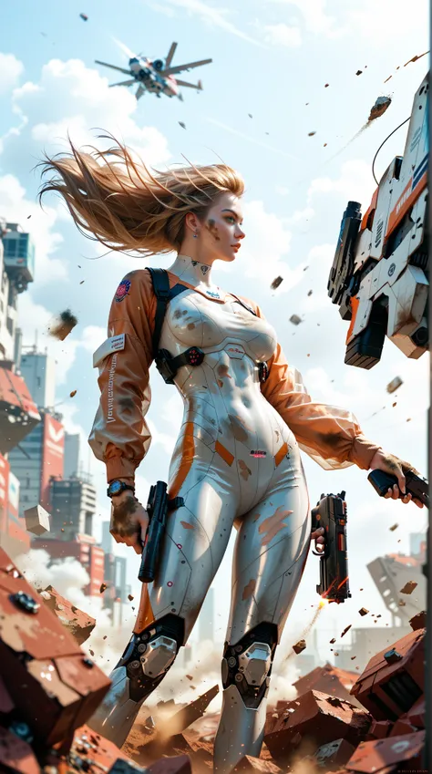  A futuristic female e-gunner ， Wearing a long brown windbreaker ， holding a heavy left hand pistol ， standing in a dusty sky 。 His body fused with metal Subjects and Synthetic Components， eyes shining blue ，Fine mechanical detail 。The scene is vibrant ， D...