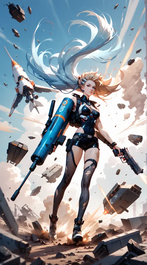  A futuristic female e-gunner ， Wearing a long brown windbreaker ， holding a heavy left hand pistol ， standing in a dusty sky 。 His body fused with metal Subjects and Synthetic Components， eyes shining blue ，Fine mechanical detail 。The scene is vibrant ， D...