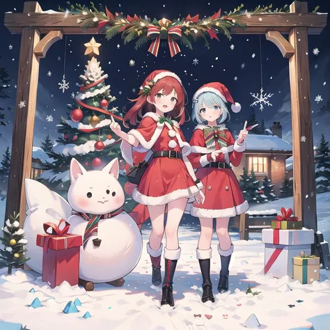 2 girls, santa dress, full body, standing, christmas, snow