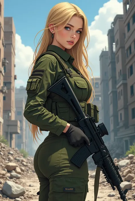 "Elena Vasilieva is an attractive 19-year-old girl,  with long blond hair , a cold and determined look . She has a big butt and big breasts too, and wears a camouflage military uniform.,  wearing a bulletproof vest and assault rifle .  Her face reflects th...