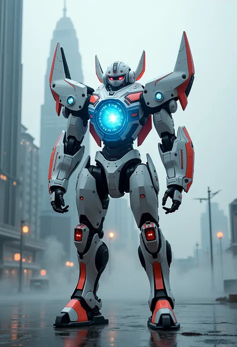 A high-tech rocket-shaped robot stands against the backdrop of a futuristic city. Its streamlined body resembles a spacecraft, with a massive, glowing blue energy core at the center of its chest. Energy lines run throughout its body, enhancing its advanced...