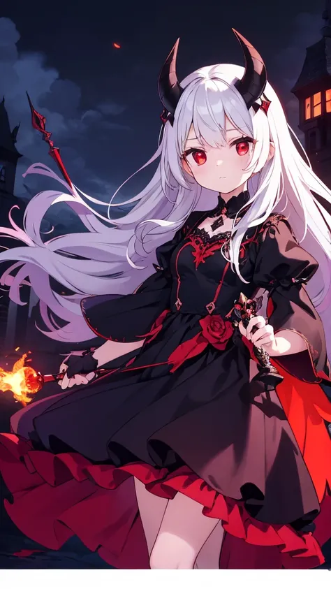 "A stunning demon princess with long, flowing silver hair and glowing red eyes, wearing an elegant black and crimson gothic dress adorned with intricate silver embroidery. She stands on the balcony of a dark castle under a blood-red moon, with her bat-like...