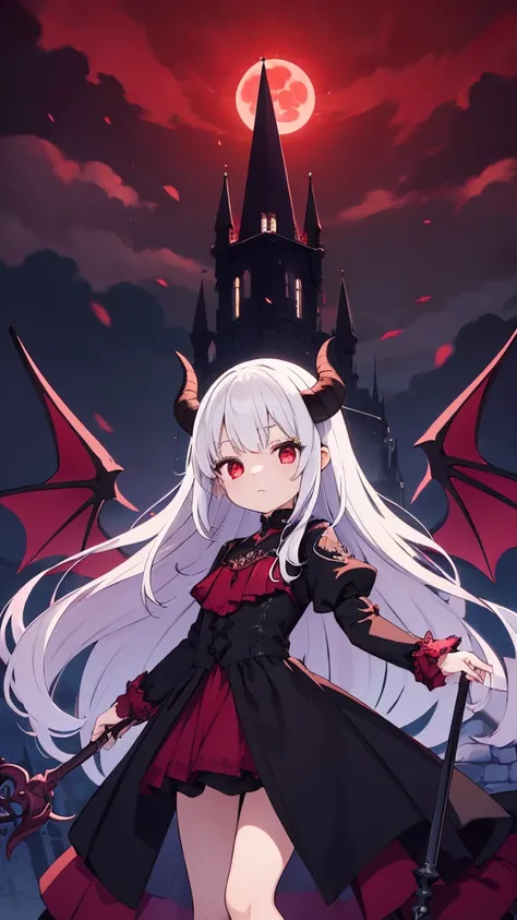 "A stunning demon princess with long, flowing silver hair and glowing red eyes, wearing an elegant black and crimson gothic dress adorned with intricate silver embroidery. She stands on the balcony of a dark castle under a blood-red moon, with her bat-like...