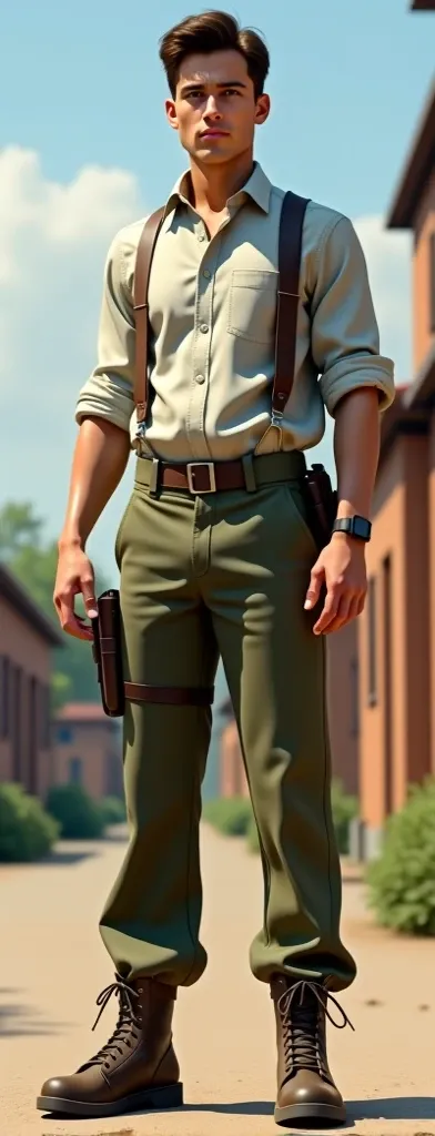 The guy stands at full height,Dressed in military suspenders, a shirt, sneakers and pants.1994-2014.Boy  Stands at full height 