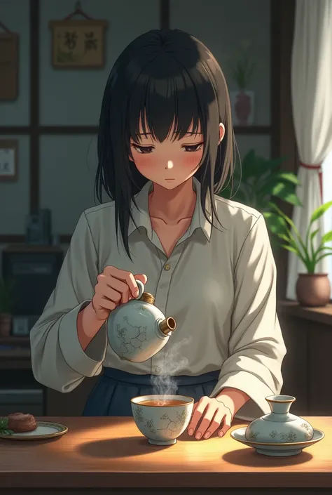 Serving tea on a broken cup. Anime