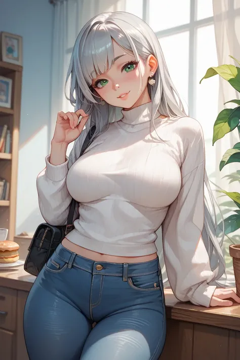 cute bagel girl,  reveal seductive thighs and breasts. Green eyes and silver long hair,  is wearing a white sweater. As for the bottoms, I'm wearing jeans.