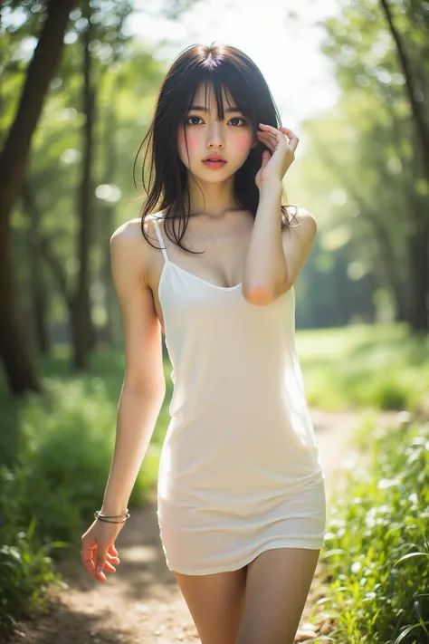 Photorealistic，Ultra high definition，Highest quality，Best Quality，8k，RAW Photos，Super detailed，Ultra-high resolution，(Amazingly cute Japanese real girl)，whole body，1 person，Facing forward，Early morning in the forest，Bright sunlight pours in，Backlight，White...