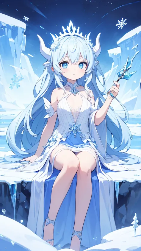 "A beautiful ice demon princess with pale blue skin, long icy white hair, and piercing sapphire eyes. She wears a shimmering silver and blue gown decorated with intricate frost patterns. Her translucent, ice-like horns glow under the moonlight, and she sit...