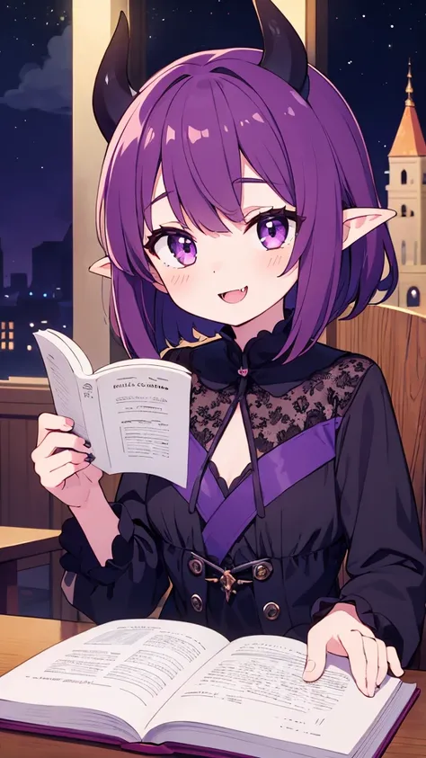 "A playful and mischievous demon princess with short, wavy purple hair and sharp fangs peeking from her smile. She wears a stylish black and violet dress with lace details, and small, bat-like wings flutter behind her. Her eyes sparkle with curiosity as sh...