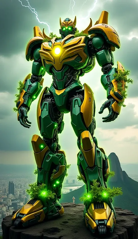 A towering Transformer infused with vibrant green and gold energy, symbolizing the spirit of Brazil. Its massive robotic frame is adorned with glowing emerald circuitry and golden tribal engravings. The Transformer’s body is partially infused with bio-mech...