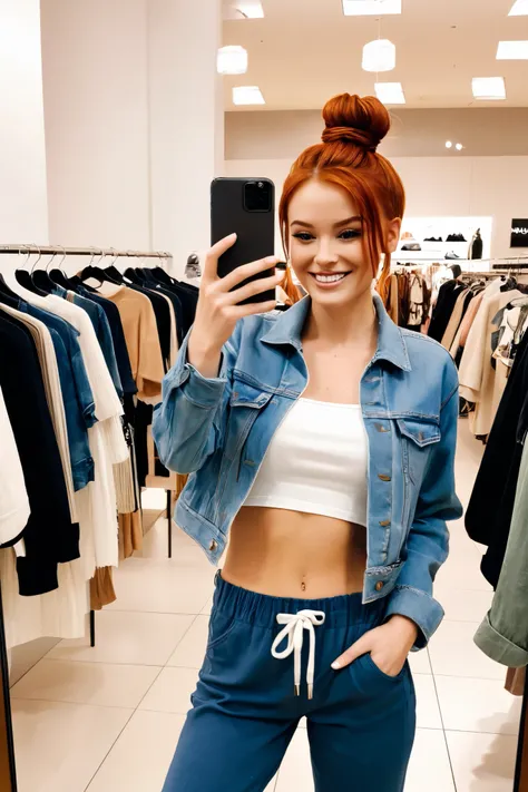 A casual and natural-looking redhead woman standing in front of a full-body mirror inside a clothing store, taking a quick selfie with her phone while trying on a denim jacket. Her auburn hair is tied up in a messy bun, with a few strands falling loosely a...