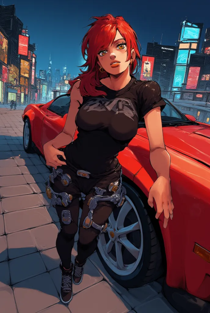  A brunette woman with mechanical implants in her legs, Madura, (:1), Muscular,   long unkempt red hair  ,  yellow eyes.  black pantyhose,  black compression shirt ,   anime style,   hair over one eye  ,   very large breasts. Next to a red futuristic car i...