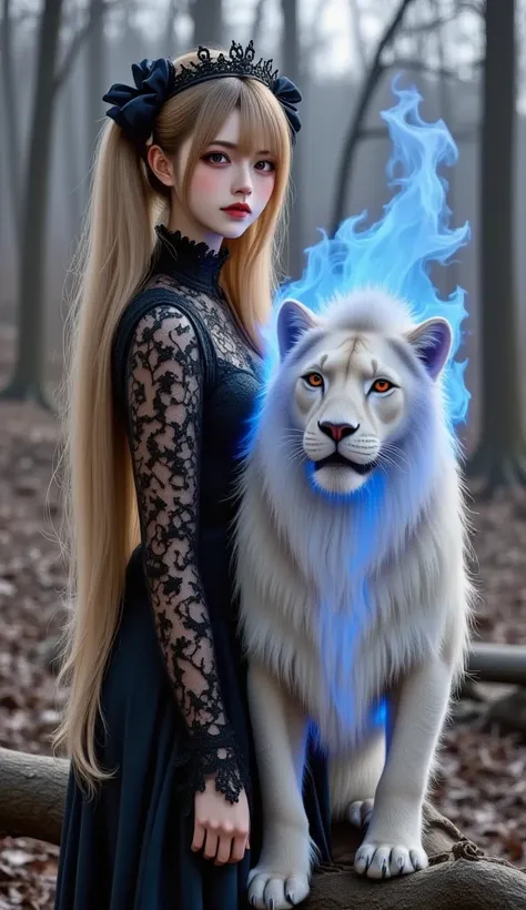 full image of a sorceress queen, standing next to her pet, a beautiful white lioness, the queen and the lioness have fire on her body, intense blue fire, in the background a super intense dark landscape, terrifying black forest, hd, 16k, realistic