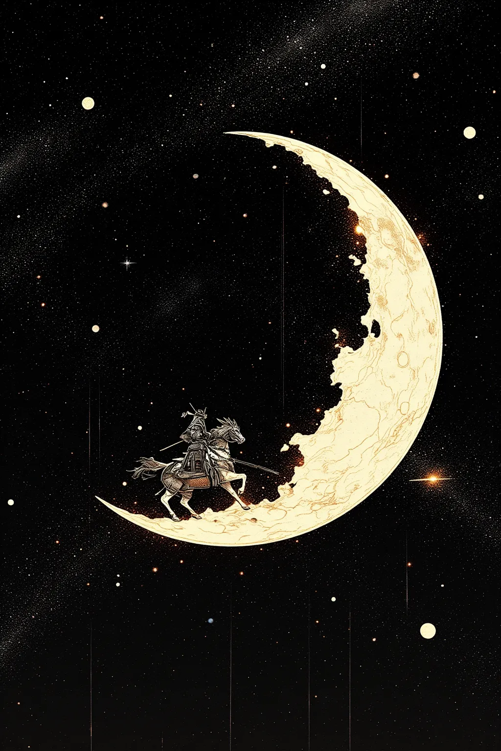 samurai, in Space, Riding on the crescent moon, crescent moon, planet, side view, collage, star, silhouette, universe background