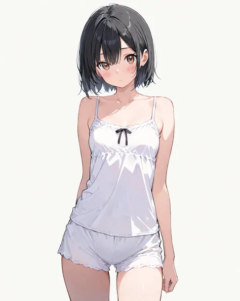 masterpiece, best quality, ultra detailed, high resolution, cowboy shot, 1 girl, solo, short hair, black hair, camisole, blush, white background, 