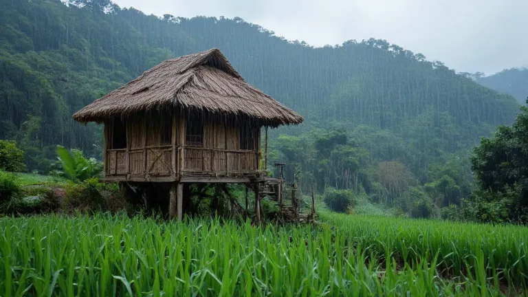 depict me a bamboo hut with a thatched roof in the middle of a rice field with heavy rain and a little dark. raindrops fall and there are raindrops from the roof