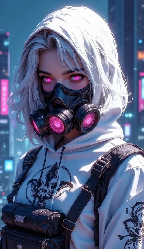 bo-an1me, dark fantasy illustration, high detail fantasy anime, a highly stylized and vivid digital artwork featuring a futuristic and cyberpunk aesthetic. The character is adorned in a white hoodie with intricate black patterns and a skull motif, compleme...