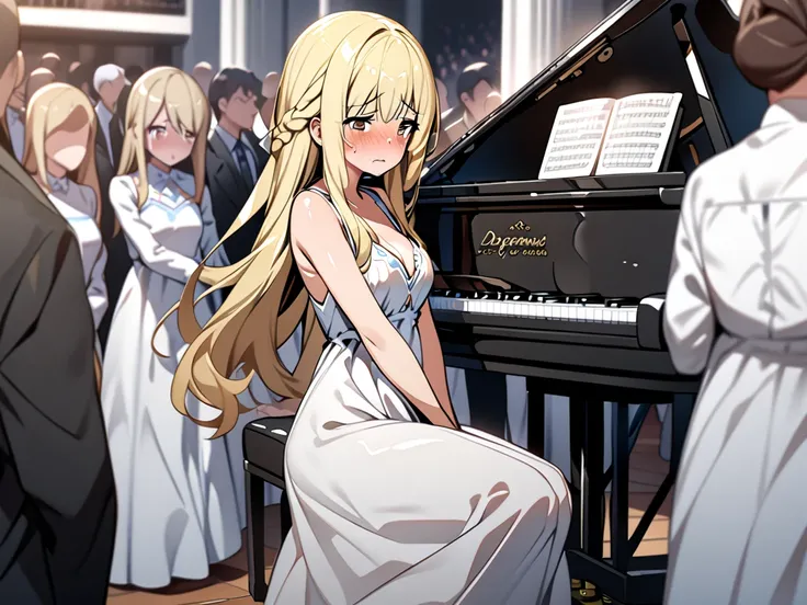  high definition 、Blond、 long hair、 Brown Eyes 、Medium breast、detailed, paying piano, long white dress, crowd ,drawing attentions, ((desperate to pee)), full body, hands between legs, embarrassed