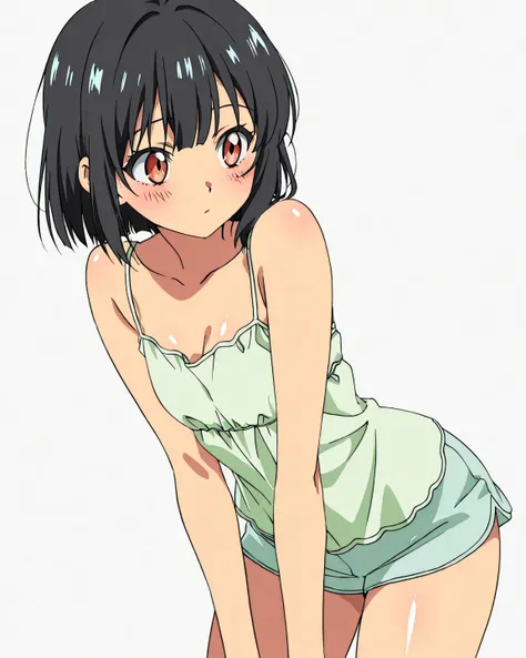 masterpiece, best quality, ultra detailed, high resolution, cowboy shot, 1 girl, solo, short hair, black hair, camisole, blush, white background, 99mix, (anime coloring, anime screencap:1.2), flat color, shiny skin,