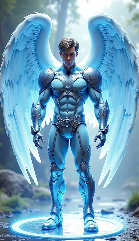  Full body photorealistic handsome hunky masculine fractal archangel .unreal engine, extremely attractive male wearing light pastel powder blue honeycomb crystal gem textured bodysuit, with gloves and belt and boots,,with big wide massive sparkling wings e...