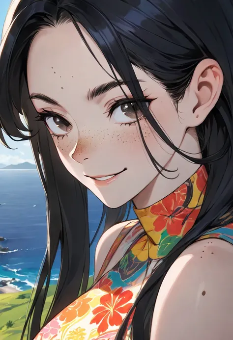  masterpiece,  top quality, { top quality}, {{ masterpiece}}, { Hi-Res}, concentrated,  anime style for beautiful breasts,   woman from the top of a hill with a view of the ocean,  girl design,  portrait, Gisha,  Anime Illustration ,  long hair,   black ha...