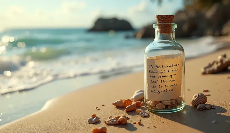 A beautiful message in a bottle, washed up on the shore, containing a handwritten love note.
