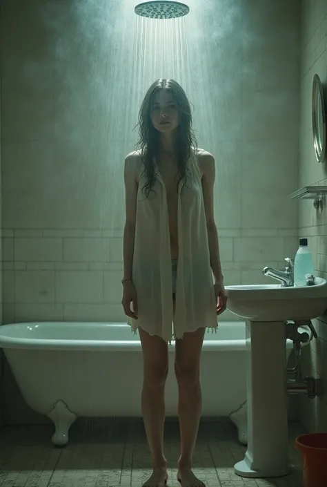 a girl in the bathroom taking a shower, being clothes 