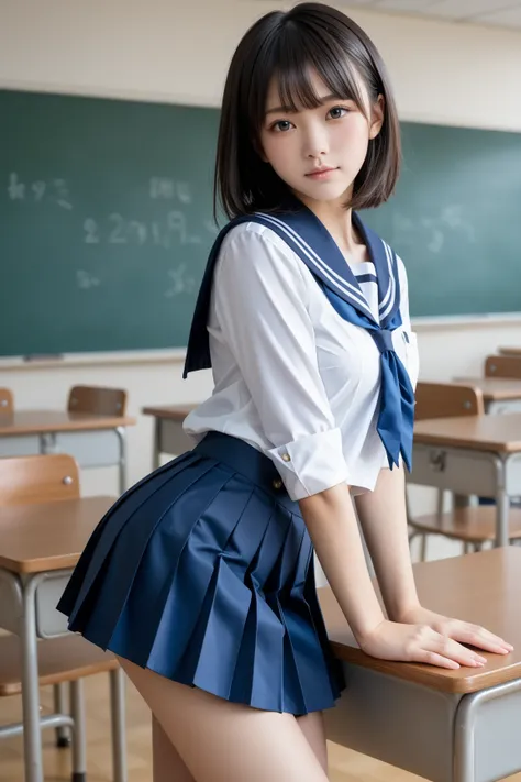   in a classroom standing with her hands on a desk and leaning forward,   stick out butt, Side View 、 sailor suit、 navy blue pleated skirt、((Massive  on a navy blue skirt,  ecstasy expression:1.4)),  Cute high school student, cute girl wearing  ,  ((Super ...