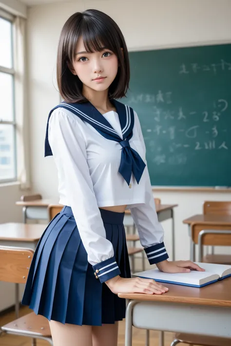   in a classroom standing with her hands on a desk and leaning forward,   stick out butt, Side View 、 sailor suit、 navy blue pleated skirt、((Massive  on a navy blue skirt,  ecstasy expression:1.4)),  Cute high school student, cute girl wearing  ,  ((Super ...