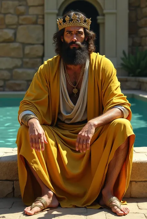 David the king) wearing a golden robe, and a crown on his head,and sandals on his feet, sitting besid the pool
