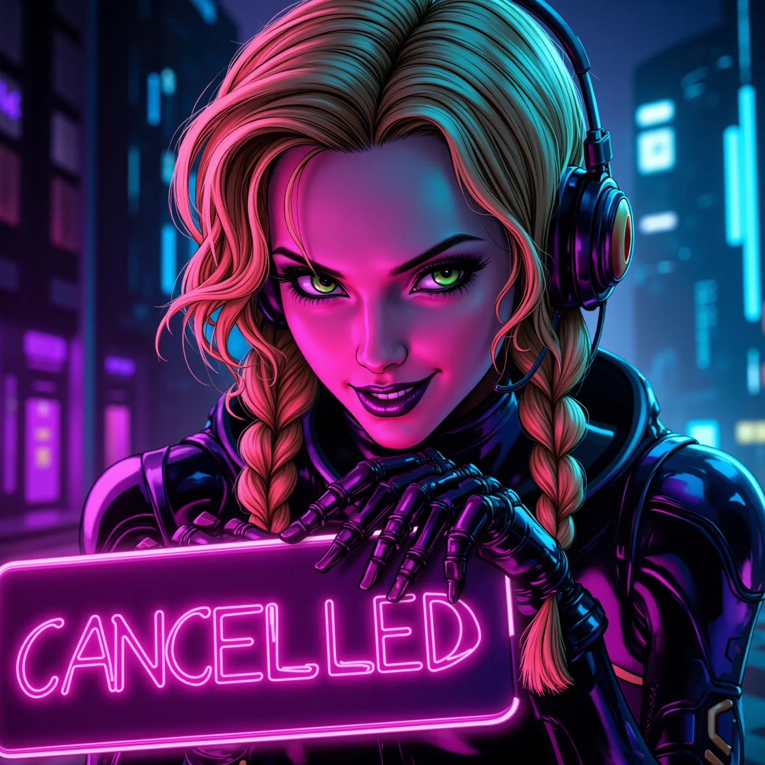 Extremely sexy beautiful comic book woman who has a sexy smile and is a half dark chrome full body robot woman with long wavy blonde hair in messy fishtail braids and bright green eyes. Neon Cyber robot suit. Big dark chrome purple lips and very long black...