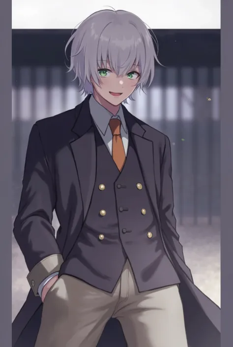  boy, anime,  light green eyes ,  white hair with bangs, overcoat and tie,  smiling